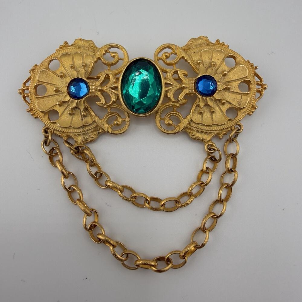 Vintage Victorian Revival Festoon Brooch Blue Rhinestone Gold Tone Chatelaine